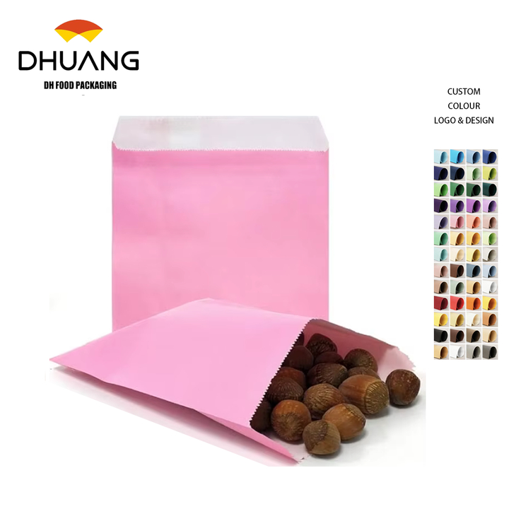 Flat Pink Paper Bag for Snacks and Desserts for Baking Cookies and Chocolate Eco-Friendly Packaging Oil-proof Paper Bag