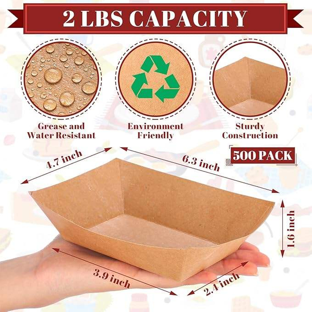 Disposable Kraft Paper Food Trays and Greaseproof Deli Liners 2 LBS Coated Cardboard Food Boat Waxed Paper Food Trays