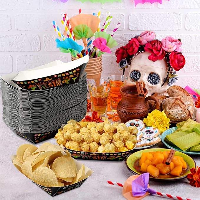 Paper Food Trays 2 lb Nachos Disposable Trays Mexican Theme Decorated Popcorn Tacos (Classic)