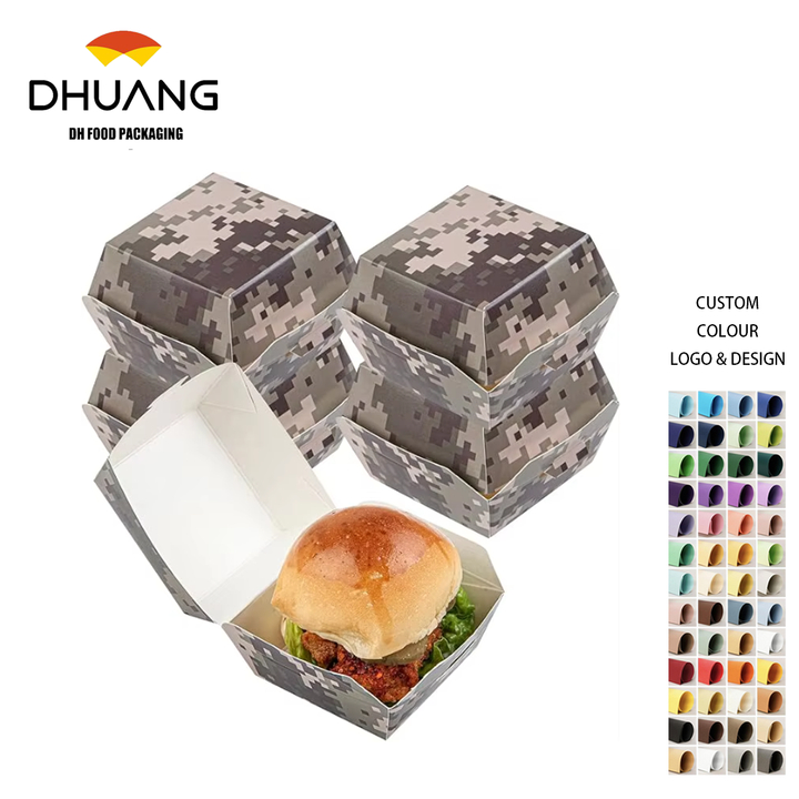 Hamburger Box Disposable Confeit Paper Takeout Box with Hinged Lid, Perfect for Mini Burgers or Desserts Food Box