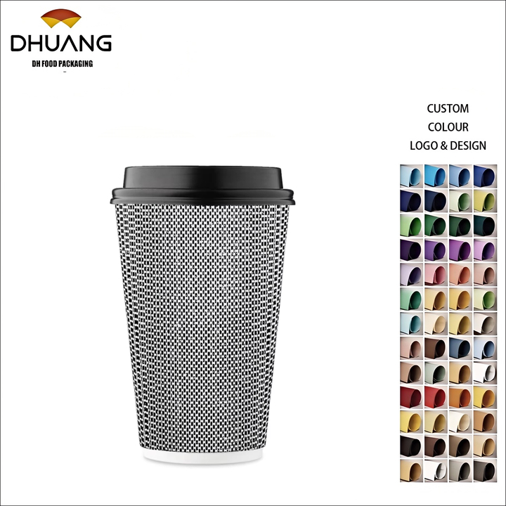 16 oz Disposable Coffee Cup Insulated Corrugated Double-walled Paper Cup with Lid Black and White Geometry Hot Drink Coffee Cup