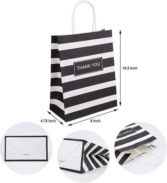 Gift Shopping Striped Black Paper Retail Party Boutique Grocery Store Custom Paper Bags