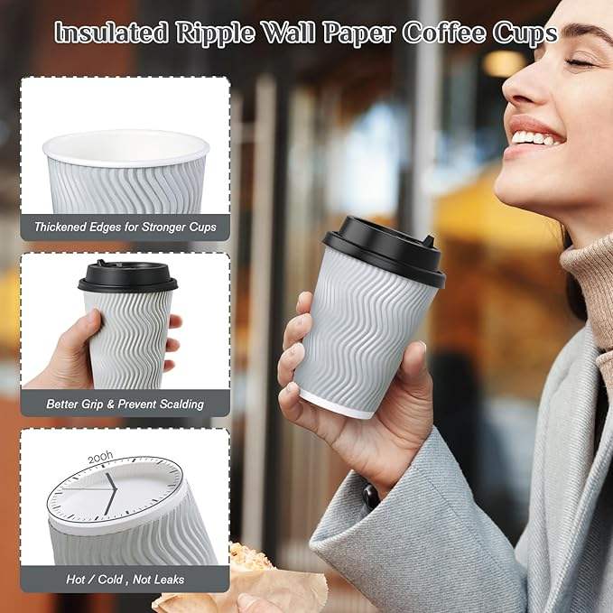 Disposable Insulated Corrugated Coffee Cups with LIDS and Straws for Tea Hot Chocolate and Beverages Coffee Cup