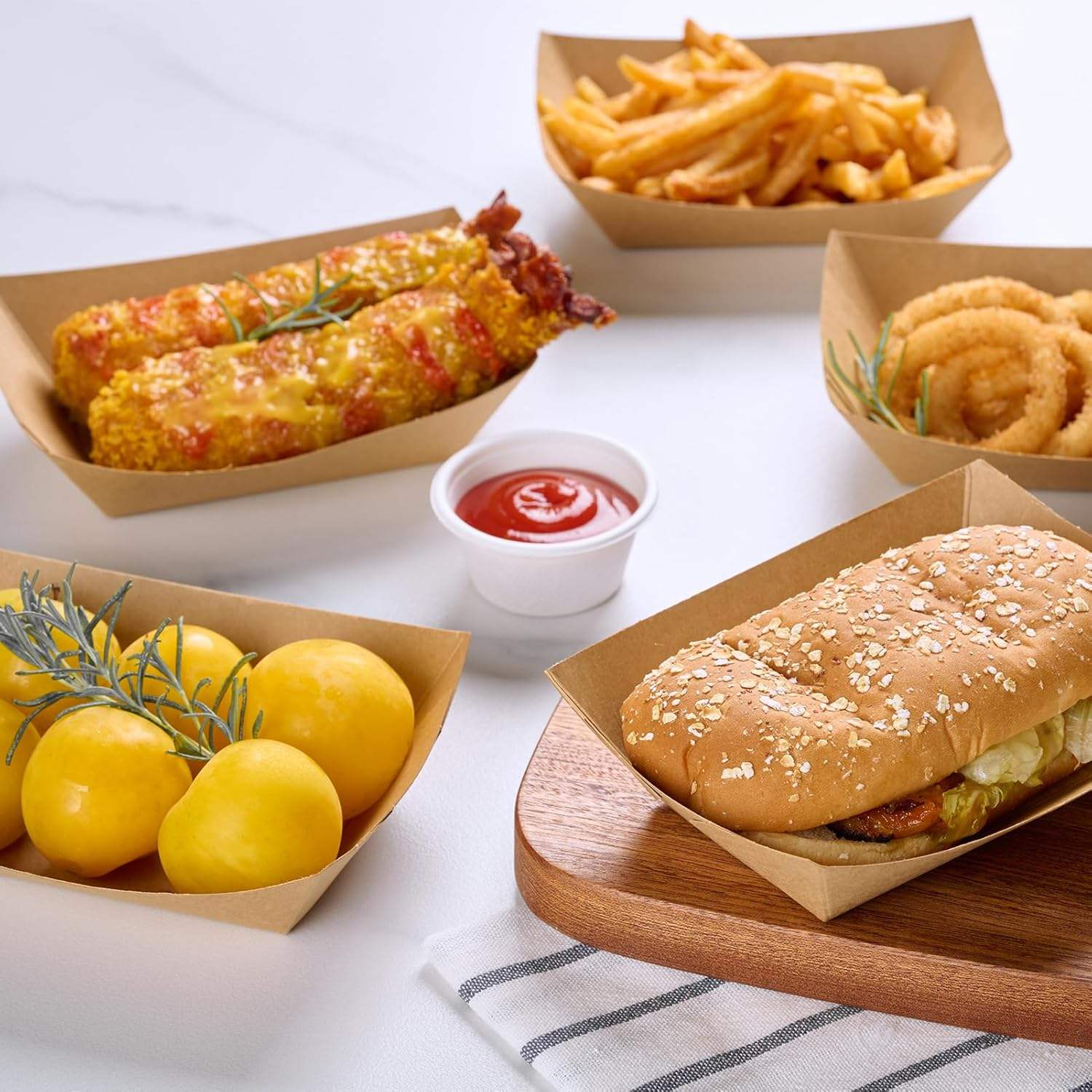 Disposable Paper Boat Craft Paper Service Boat Snack Food Holder Tray, French Fries Nachos Hot Dog Tacos Barbecue Party