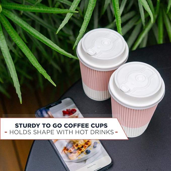 80 Sets of 12 oz Disposable Coffee Cups with LIDS Resealable LIDS Prevent Leaks Travel Insulated Hot Drink Cups