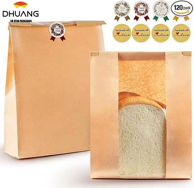 120Pcs Large Window Kraft Paper Bread Bag Food Storage Bag Cookies Bakery Snacks 480 Label Seal Stickers Custom Bread Bags