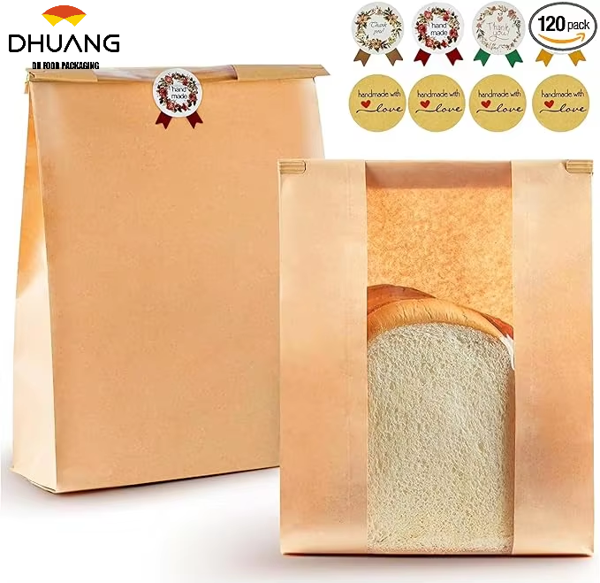 120Pcs Large Window Kraft Paper Bread Bag Food Storage Bag Cookies Bakery Snacks 480 Label Seal Stickers Custom Bread Bags