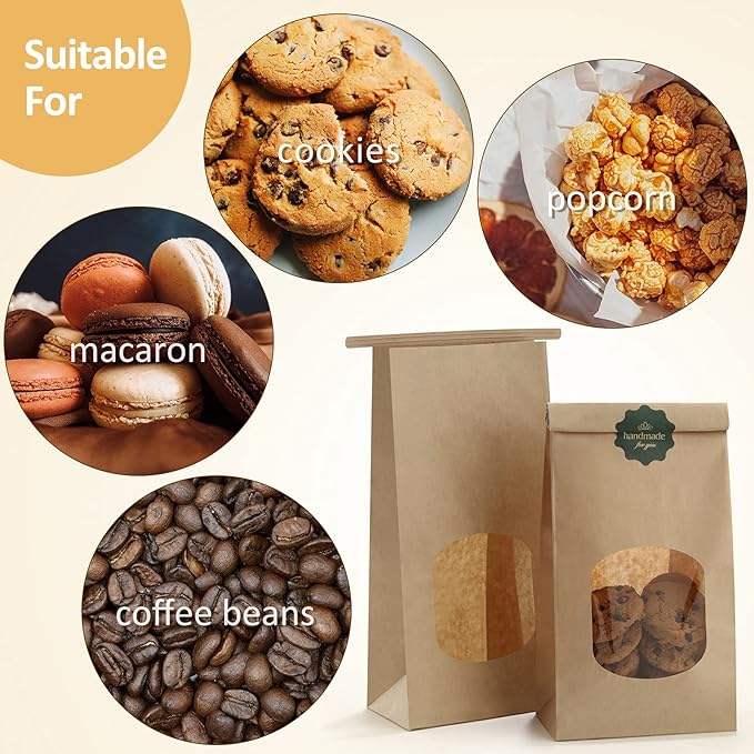 Kraft Paper Bag Clear Window Tin Label Lock for Storing Cookies Rustic Brown Sturdy Moisture-Air Protected Custom Bread Bags