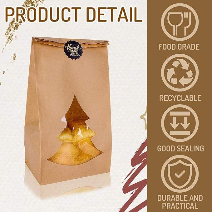 Christmas Paper Bread Bag with Window Kraft Paper Bread Storage Bags Labels Cookie Coffee Beans Custom Bread Bags