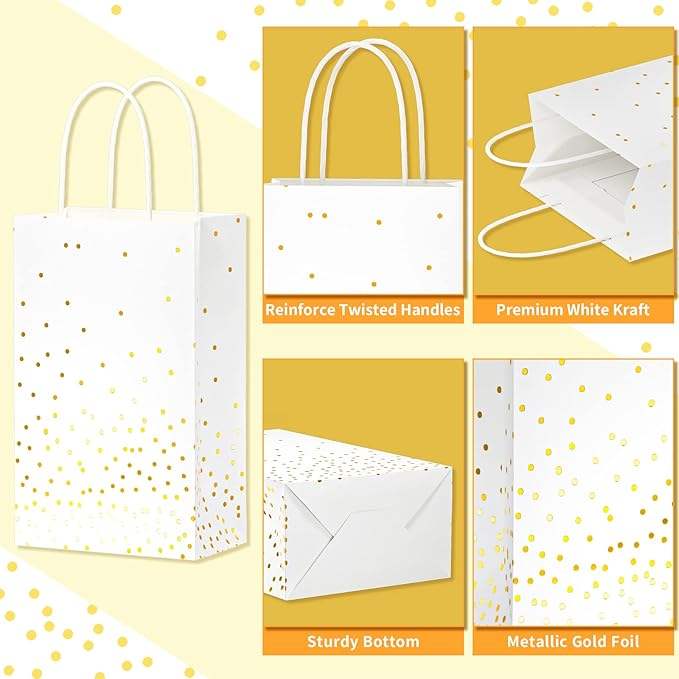 White and Gold Gift Bags with Handles and Gold Foil Dots Perfect for Bridal Party Birthday Party Shopping Bag