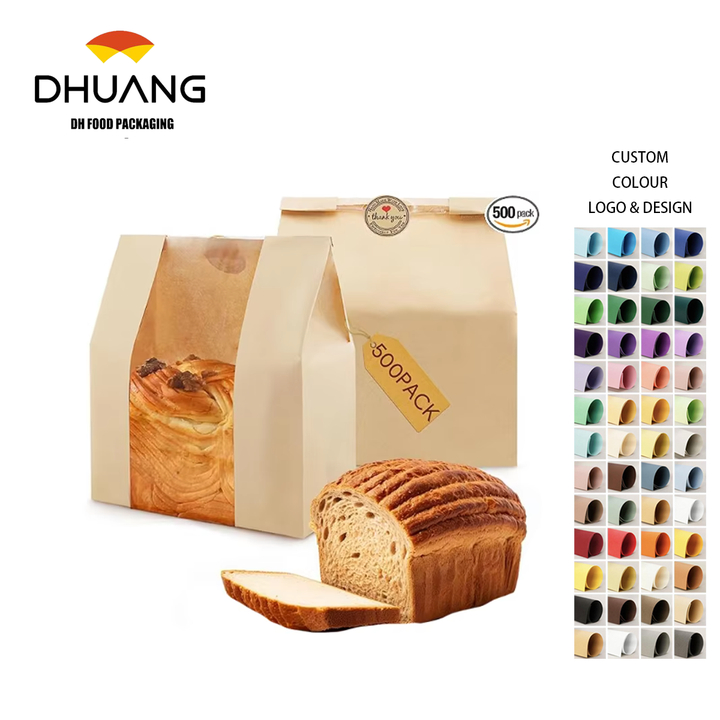 Custom Brown Paper Bread Bag Set Window for Baked Goods Storage Craft 40 Label Sealing Stickers Custom Bread Bags