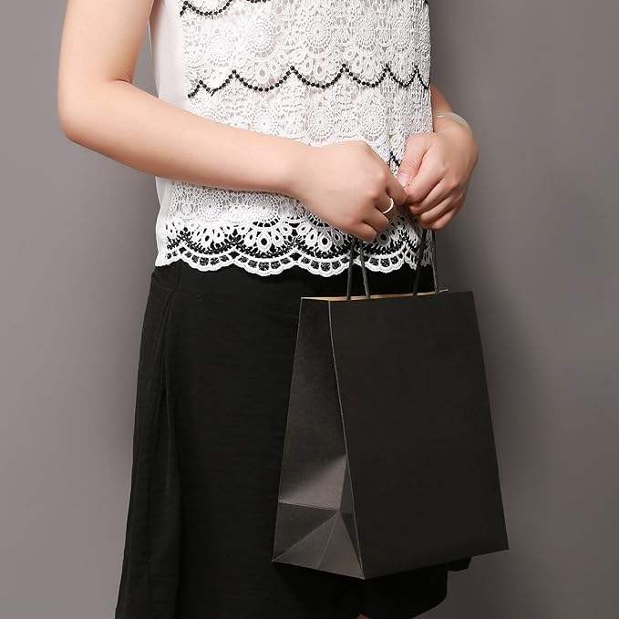 50Pcs Black Gift Bag Paper Shopping Recyclable CUSTOM Kraft Paper Bag Retail Party
