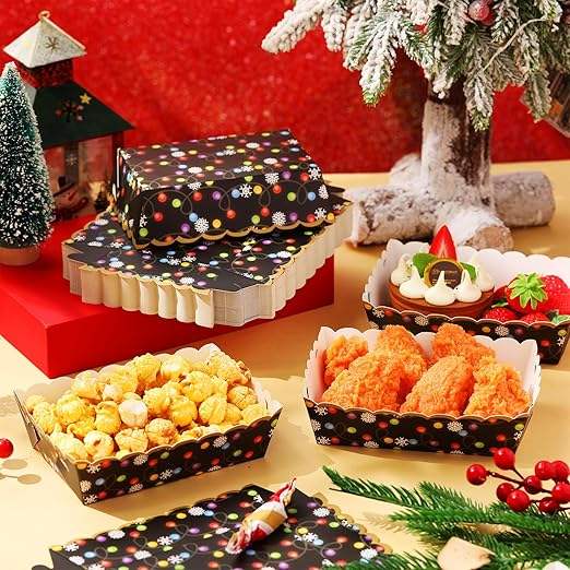 Paper Food Trays Christmas Plaid Lights Disposable Nachos Popcorn Hot Dogs Holiday Party Supplies (lively, Colorful)