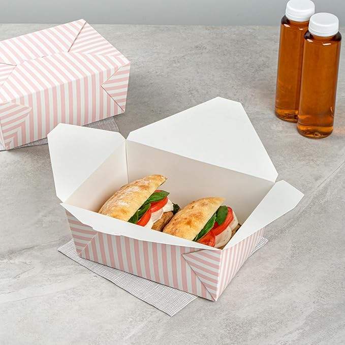 Durable Disposable Pink and White Striped Paper Takeout Container 98 oz Food Container for Takeout Food Box