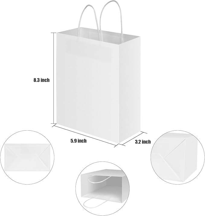 White Kraft Paper Bags with Handle for Birthdays Parties Retail and Gift Packaging Measuring for Candy Storage Shopping Bag