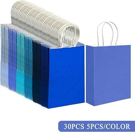 Bulk Small Size Kraft Paper Gift Bags with Handles 6 Different Blue Colors Multiple Uses for Gifts with Custom Logo Shopping Bag