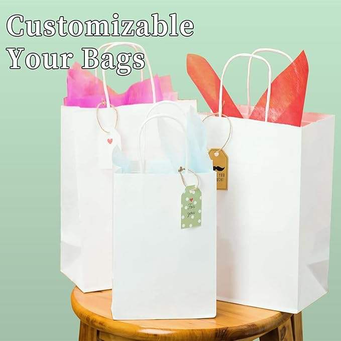 White Paper Bags Processed in Bulk Gift Medium Size Retail Shopping Merchandise Custom Paper Bags
