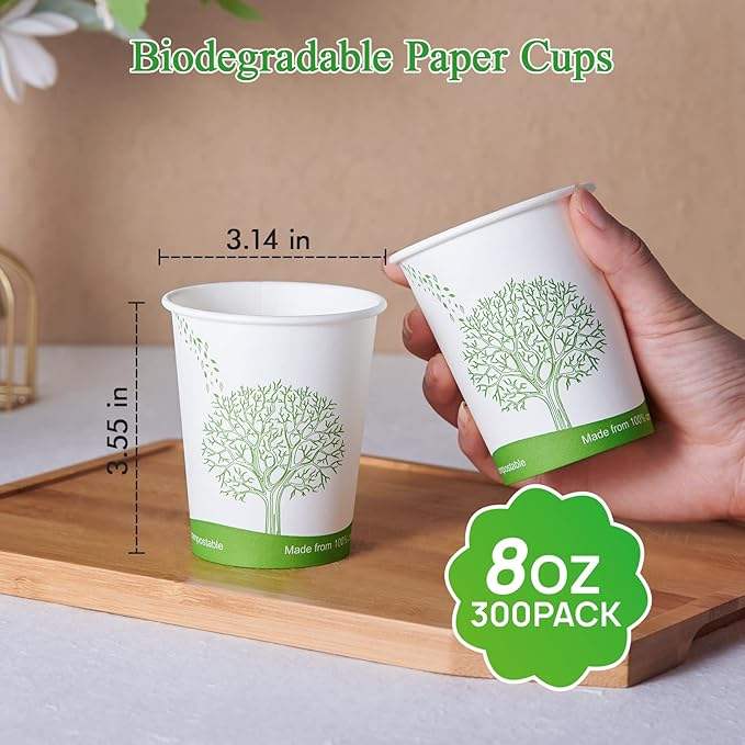 Biodegradable 8oz Disposable Paper Coffee Cups with PLA Lining, Eco-friendly Hot Drink Cups for Parties, Picnics, and Travel