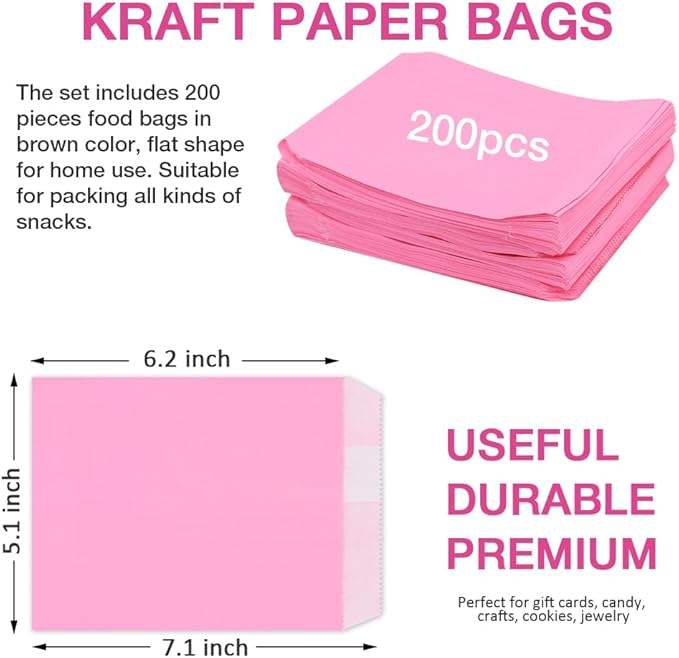 Flat Pink Paper Bag for Snacks and Desserts for Baking Cookies and Chocolate Eco-Friendly Packaging Oil-proof Paper Bag