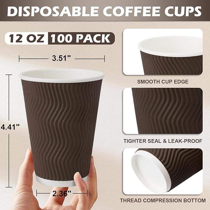 12 oz Disposable Coffee Cup, 100 Count Insulated Paper Cup, Corrugated Wall Design, Hot and Cold Drink Cup, Party, Travel