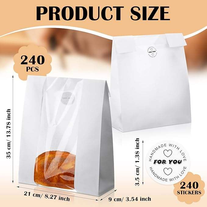 240 Large Window Bread Paper Bags Leaven Bags for Packaging and Storage of Baked Goods Custom Bread Bags