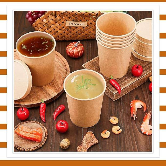 32 oz Paper Soup Container with Lid Disposable Cowhide Soup Food Bowl Microwave Food Storage Ice Cream Container Paper Cup