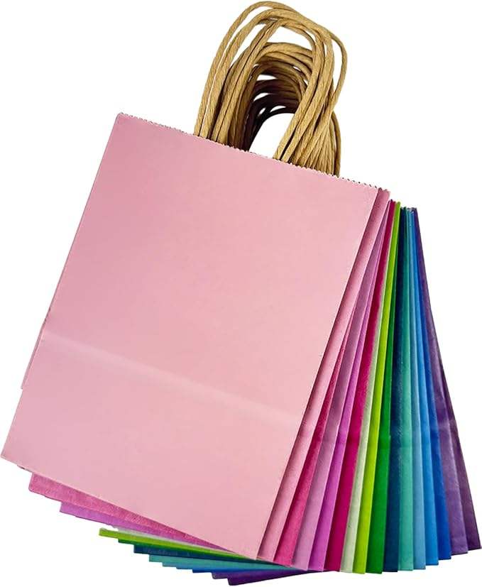 Bulk Medium Kraft Paper Bags with Handles 16 Different Senior Light Colors for Gift Promotion Craft Use Shopping Bag
