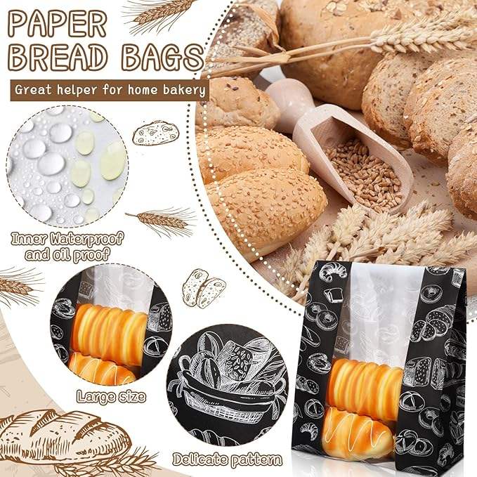 Black Sourdough Bread Bag with Window and Label Seal Sticker for Food Storage and Display Packaged Paper Bags CUSTOM Bread Bags