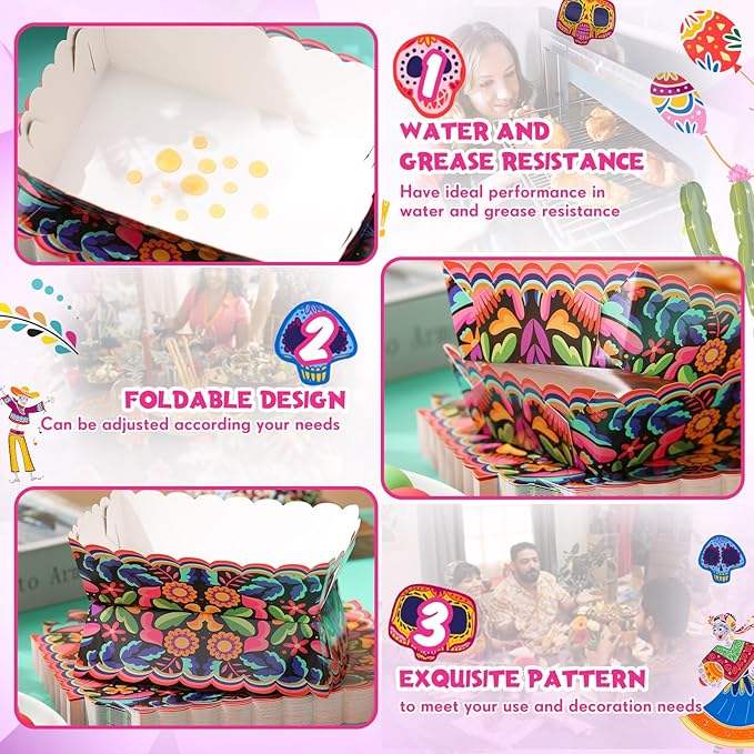 Mexican Paper Food Tray Disposable Holiday Snack Tray Mexican Party Serving Nachos Popcorn Hot Dog Tacos