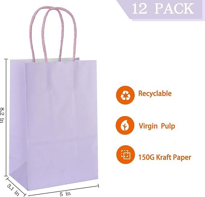 Small Light Purple Kraft Paper Bag with Handles Durable Embossed Supermarket Use Craft Paper Bag Gift Bag