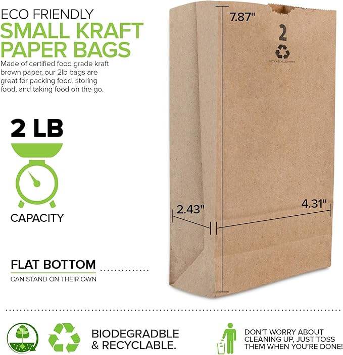 Kraft Brown Paper Bags for Packing Breakfast Food Snack or Lunch Items - Blank Bulk Pack Disposable Shopping Bag