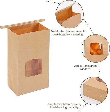 Small Kraft Paper Bread Bags with Window Tin Tag Cookie and Pastry Bags for Food Packing for Logo Promotion CUSTOM Bread Bags