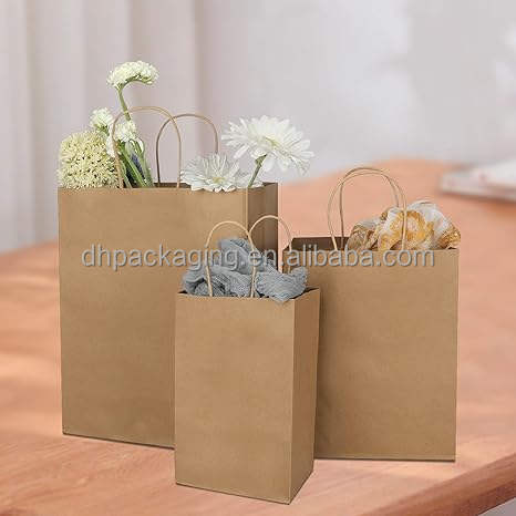 Custom Eco-Friendly Brown Kraft Paper Bags Ribbon Free Sample Food Promotion Christmas Craft Packing Personalized Your Own Logo