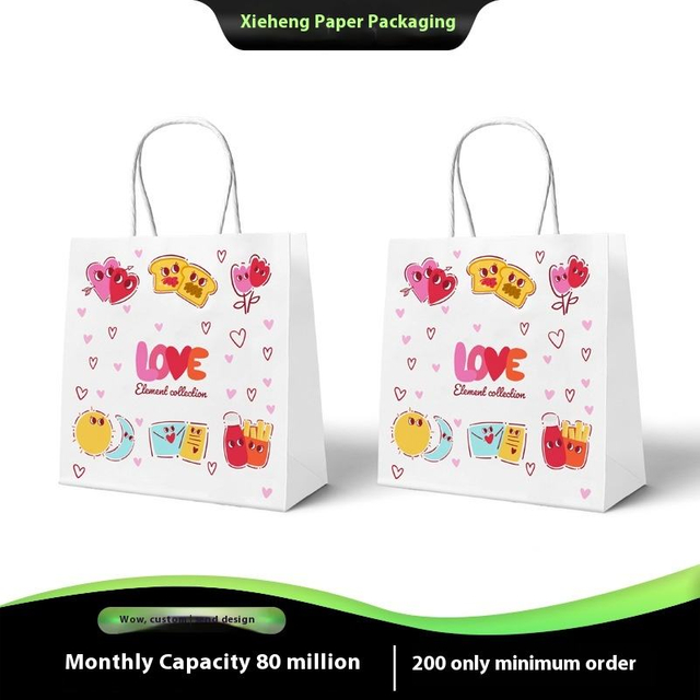 Customized Advanced Cartoon INS Style Disposable Kraft Paper Bag Cute Handheld Design Valentine's Day Offset Printing Surface