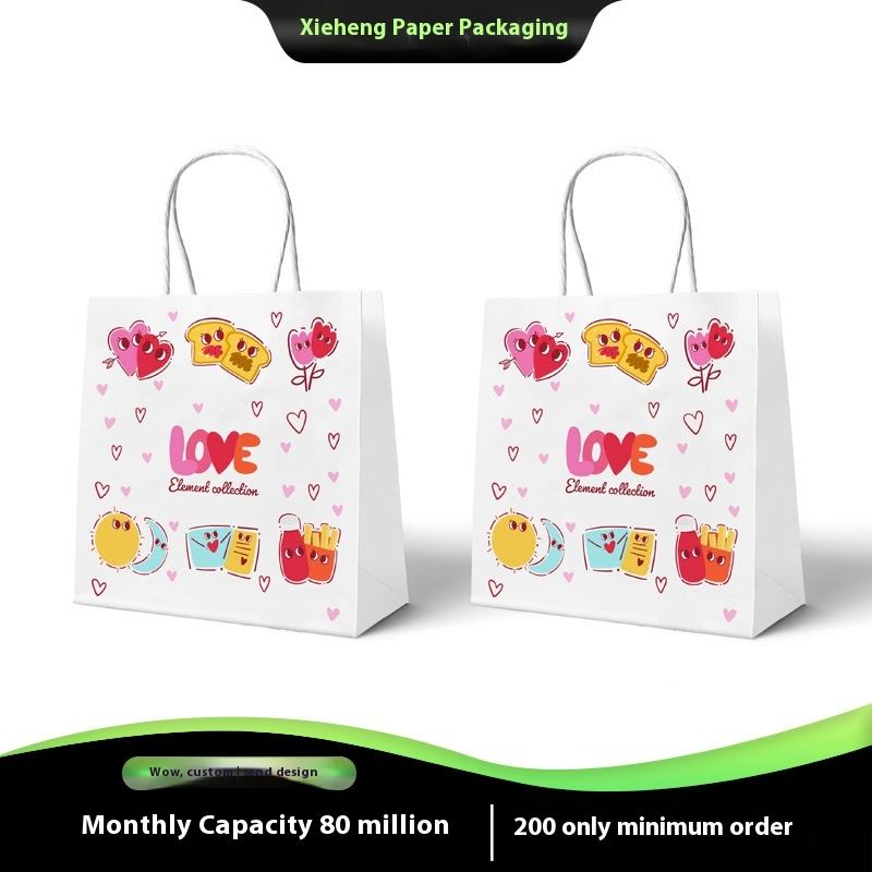 Customized Advanced Cartoon INS Style Disposable Kraft Paper Bag Cute Handheld Design Valentine's Day Offset Printing Surface