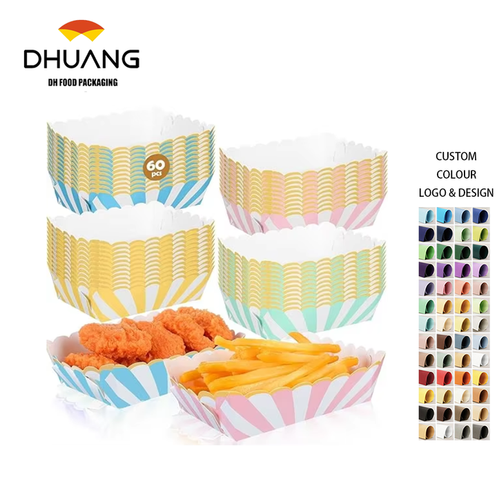 Pastel Paper Disposable Food Tray Pastel Party Kraft Food Boat 4 Color Stripes with Scallops Gold Foil Hot Dog Tacos Food Trays