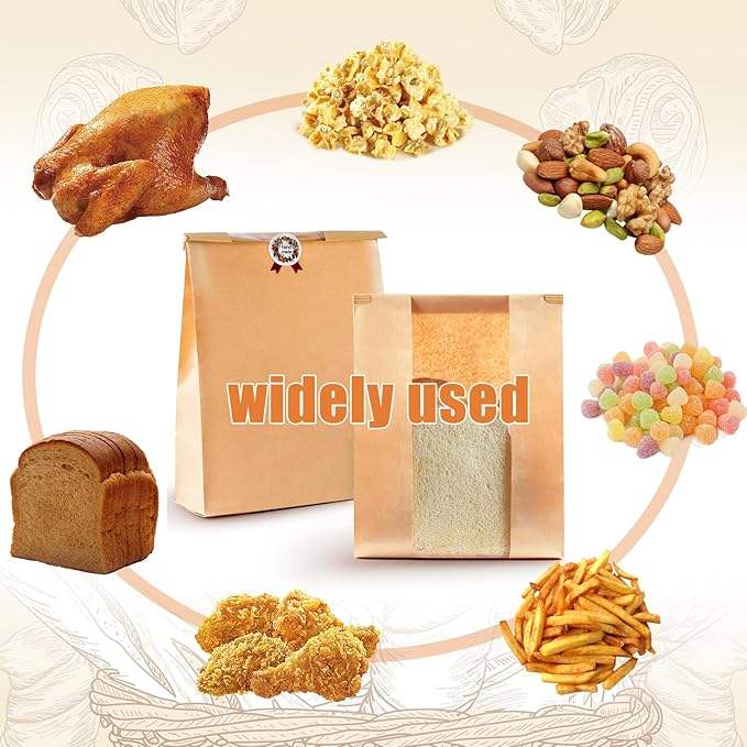 120Pcs Large Window Kraft Paper Bread Bag Food Storage Bag Cookies Bakery Snacks 480 Label Seal Stickers Custom Bread Bags