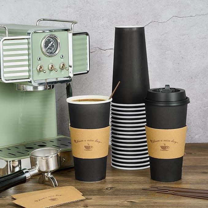 Disposable Black Paper Coffee Mug Hot Coffee Chocolate Drink Lid Stir Stick Coffee Cup
