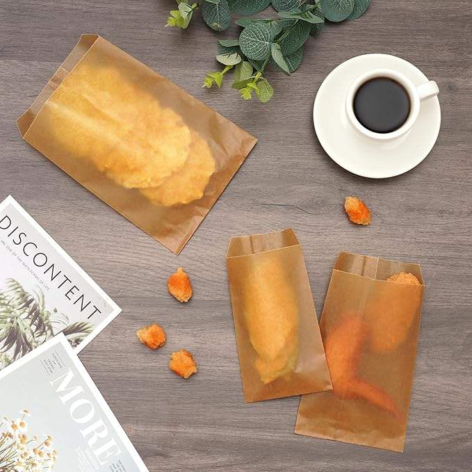 Brown Wax Paper Cookie Bags Flat for Decorative Bakery Cookie Christmas Gift Birthday Party by Quotidian 5x7 Inch