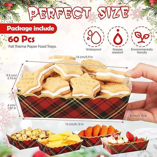Christmas Paper Food Tray Plaid Light Nutcracker Snack Tray Disposable Nachos Hot Dog Party Supplies (Classic Plaid)