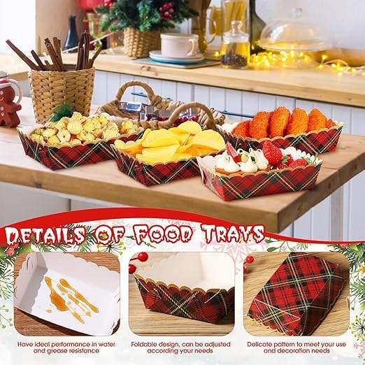 Christmas Paper Food Tray Plaid Light Nutcracker Snack Tray Disposable Nachos Hot Dog Party Supplies (Classic Plaid)