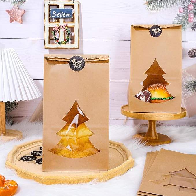 Christmas Paper Bread Bag with Window Kraft Paper Bread Storage Bags Labels Cookie Coffee Beans Custom Bread Bags