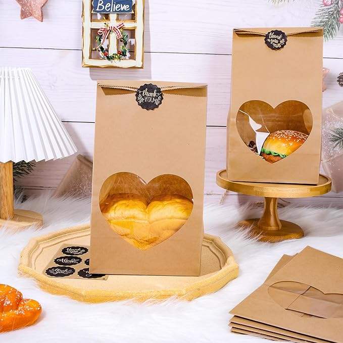 Homemade Bread Storage Bag with Heart Window and 30 Decal Kraft Paper Bread Bags Custom Bread Bags