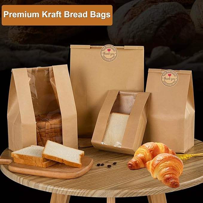 A Brown Paper Bag with a Window for Bread Storage Food Packaging for Storage Sealed Label Custom Bread Bags
