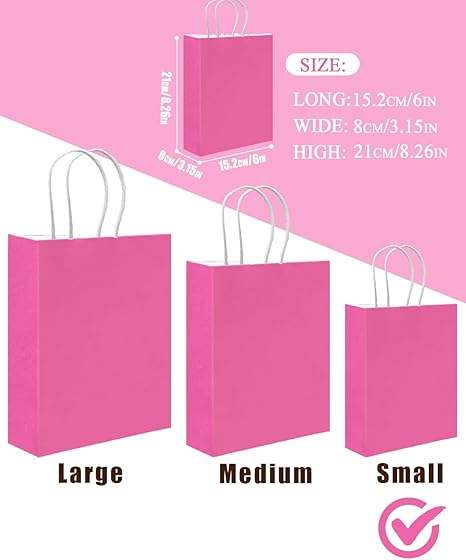 Bulk Small Kraft Paper Gift Bags with Handles 6 Different Pink and Purple Colors for Crafts and Clothing Multiple Uses