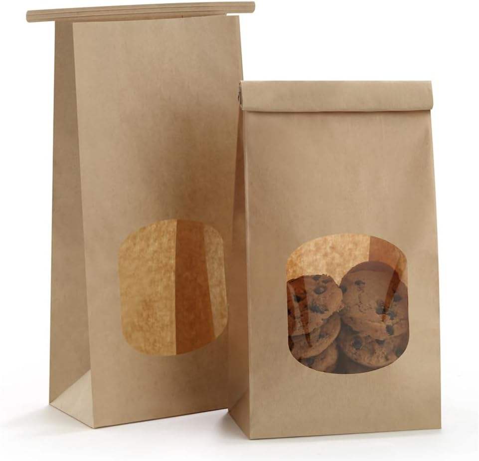 Brown Paper Bag with Window and Plastic Tie-lock Suitable for Bakery Biscuits Coffee Beans Party Gifts Custom Bread Bags