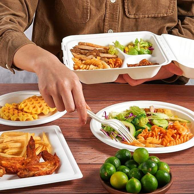 Disposable 3-Compartment Heavy-Duty To-Go Boxes Clamshell Take Out Food Containers Made of Paper & PET Food Box Food Box