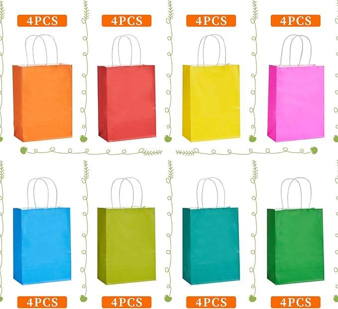 Paper Gift Bag with Handle, 5.8 "x 3.2" X 8.25" Kraft Paper Party Gift Bag, Suitable for Child's Birthday (8 Colors)