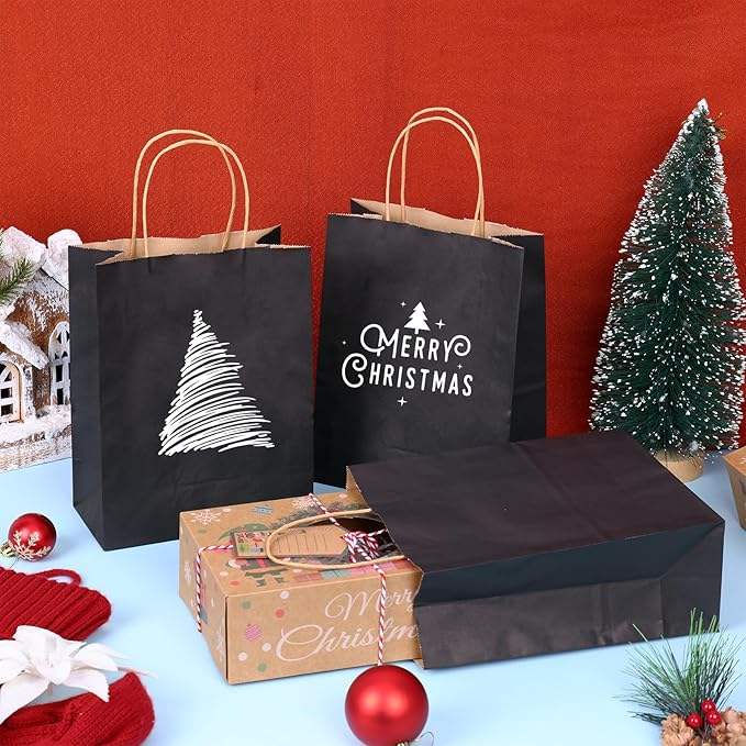 Medium Size Black Kraft Paper Gift Bags with Handles Eco-Friendly for Party Craft Food Packaging for Businesses