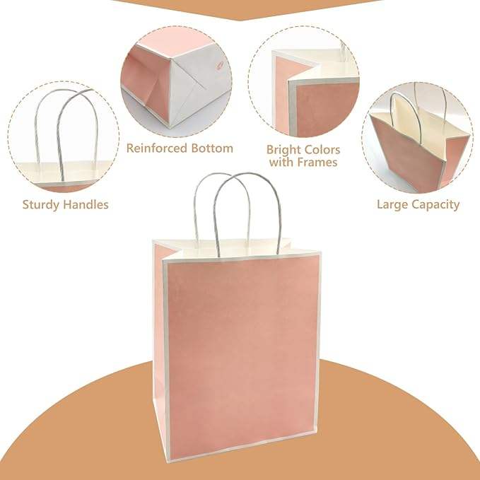 Pink Kraft Paper Bags with Handles 100% Recycled for Weddings Birthdays Parties-Commercial Retail Shopping Bag
